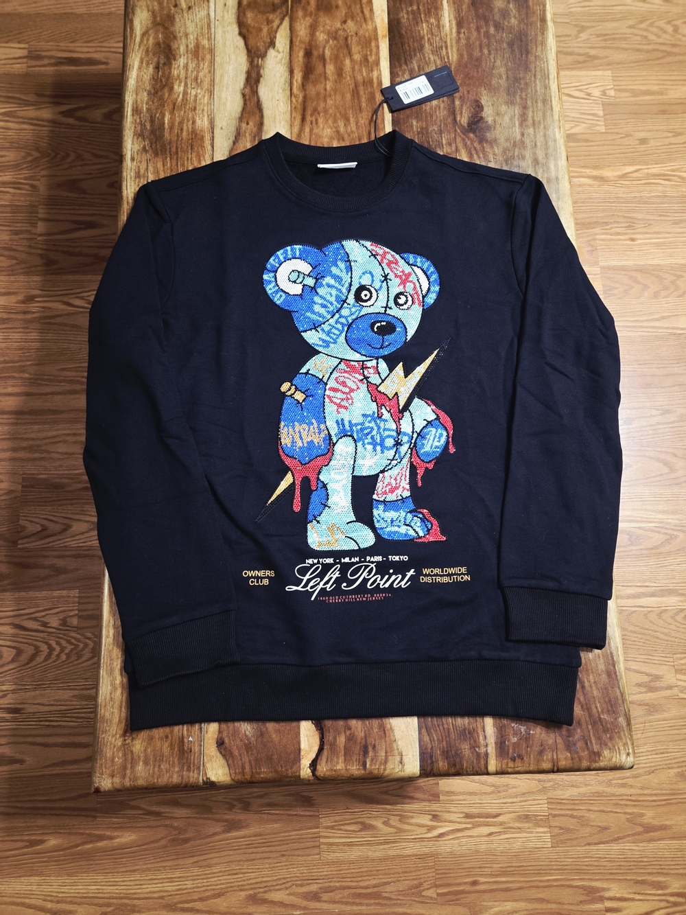 Left Point Rhinestone Graffiti Teddy Bear Crewneck Sweatshirt -Black - Size XL